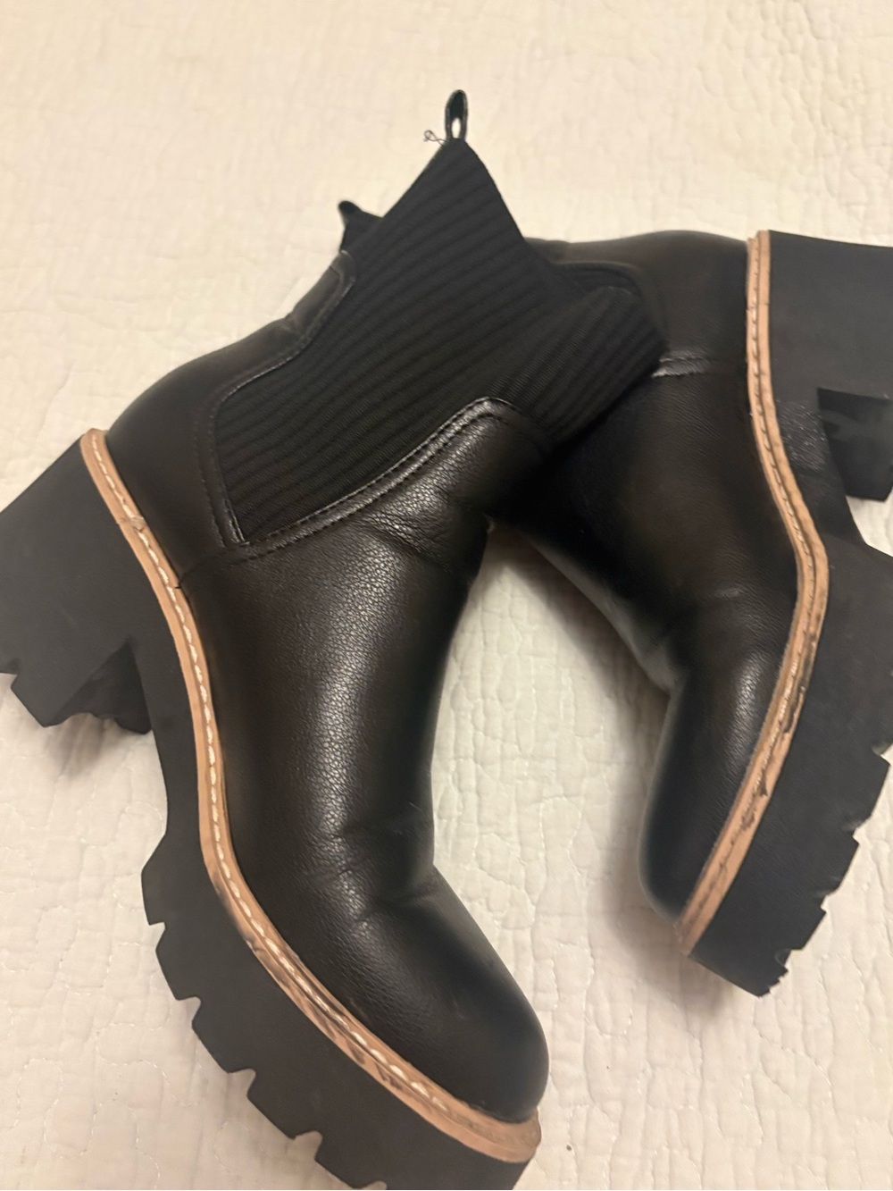 Dolce Vita Black Leather Chelsea Lug Booties with Tan Trim